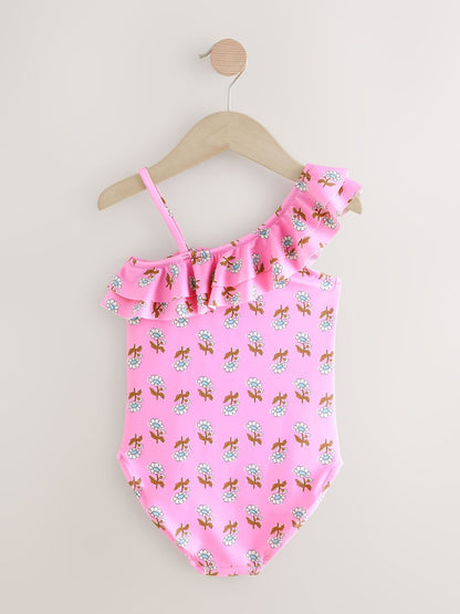 Pink Woodblock One Shoulder Ruffle Swimsuit Immediate