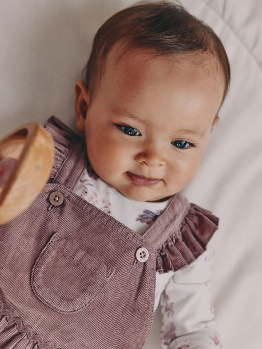 Purple/ White Cord Baby Romper and Long Sleeve Bodysuit and Tights 3 Piece Set (0mths-2yrs)