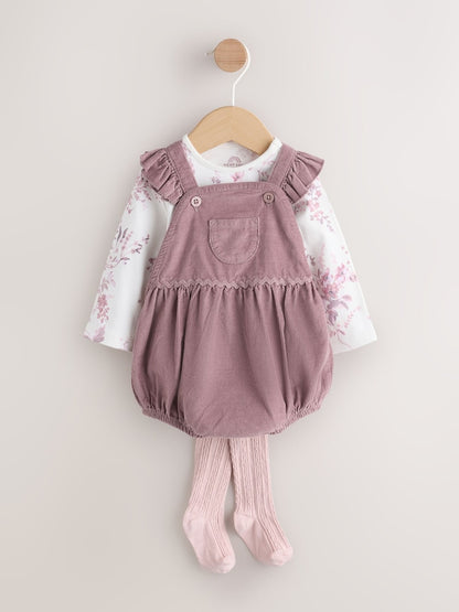 Purple/ White Cord Baby Romper and Long Sleeve Bodysuit and Tights 3 Piece Set Immediate