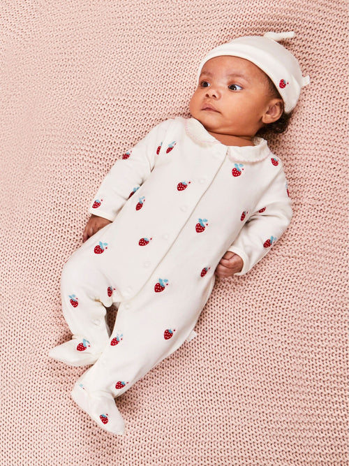 JoJo Maman Bébé White Strawberry Embroidered Cotton Baby Hat image 1