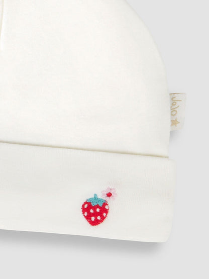 JoJo Maman Bébé White Strawberry Embroidered Cotton Baby Hat image 4