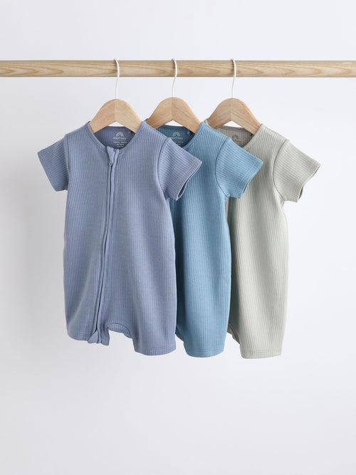 Blue Baby Two Way Zip 100% Cotton Rompers 3 Pack (0-3yrs) image 1