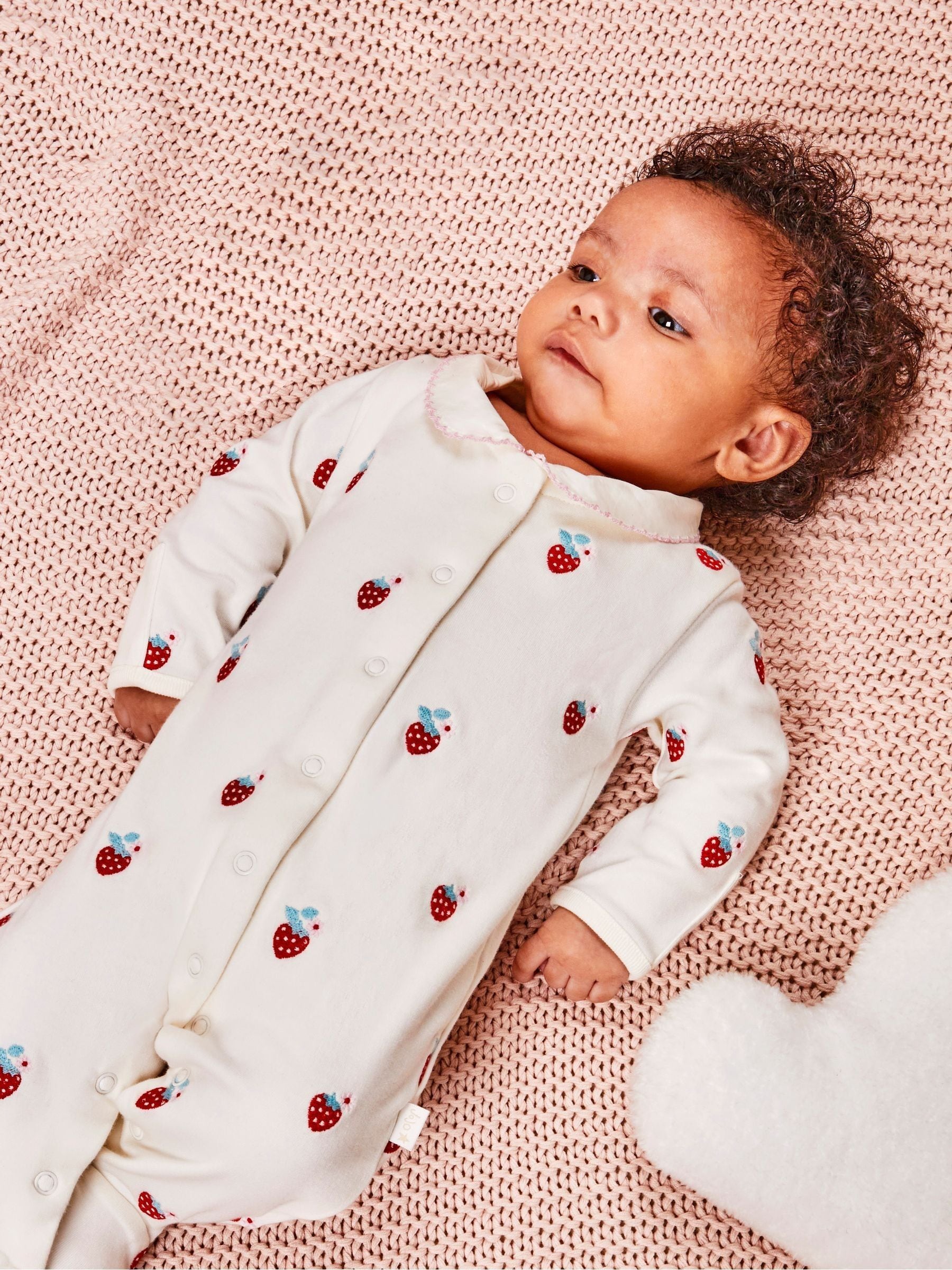 JoJo Maman Bébé Red Strawberry Embroidered Cotton Baby Sleepsuit image 1
