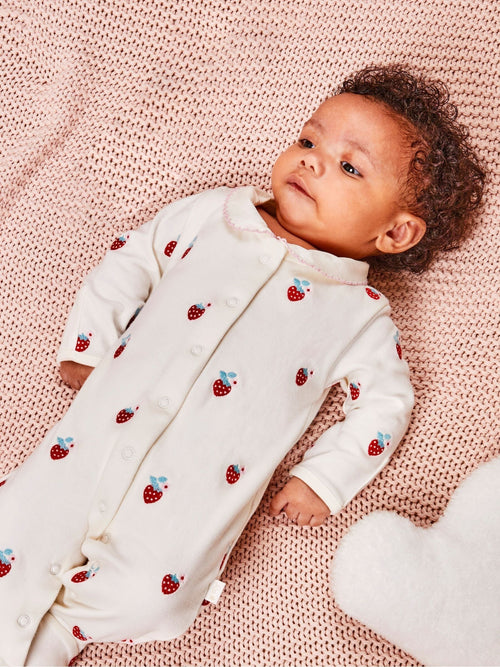 JoJo Maman Bébé Red Strawberry Embroidered Cotton Baby Sleepsuit image 1