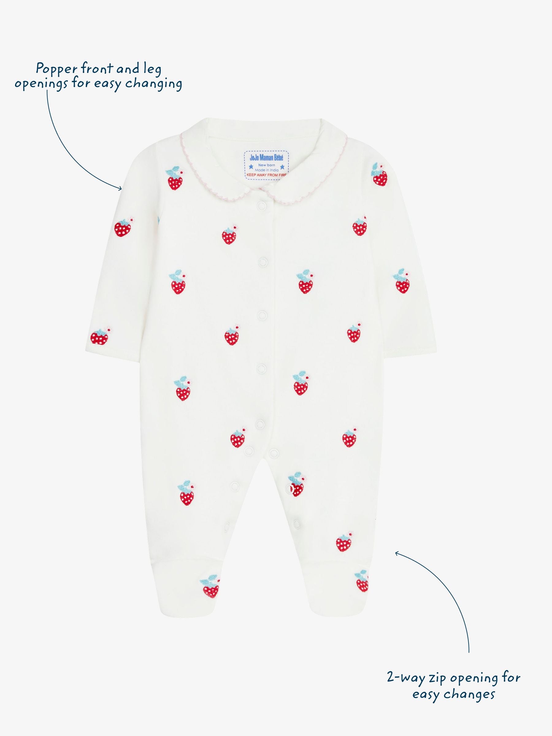 JoJo Maman Bébé Red Strawberry Embroidered Cotton Baby Sleepsuit image 2