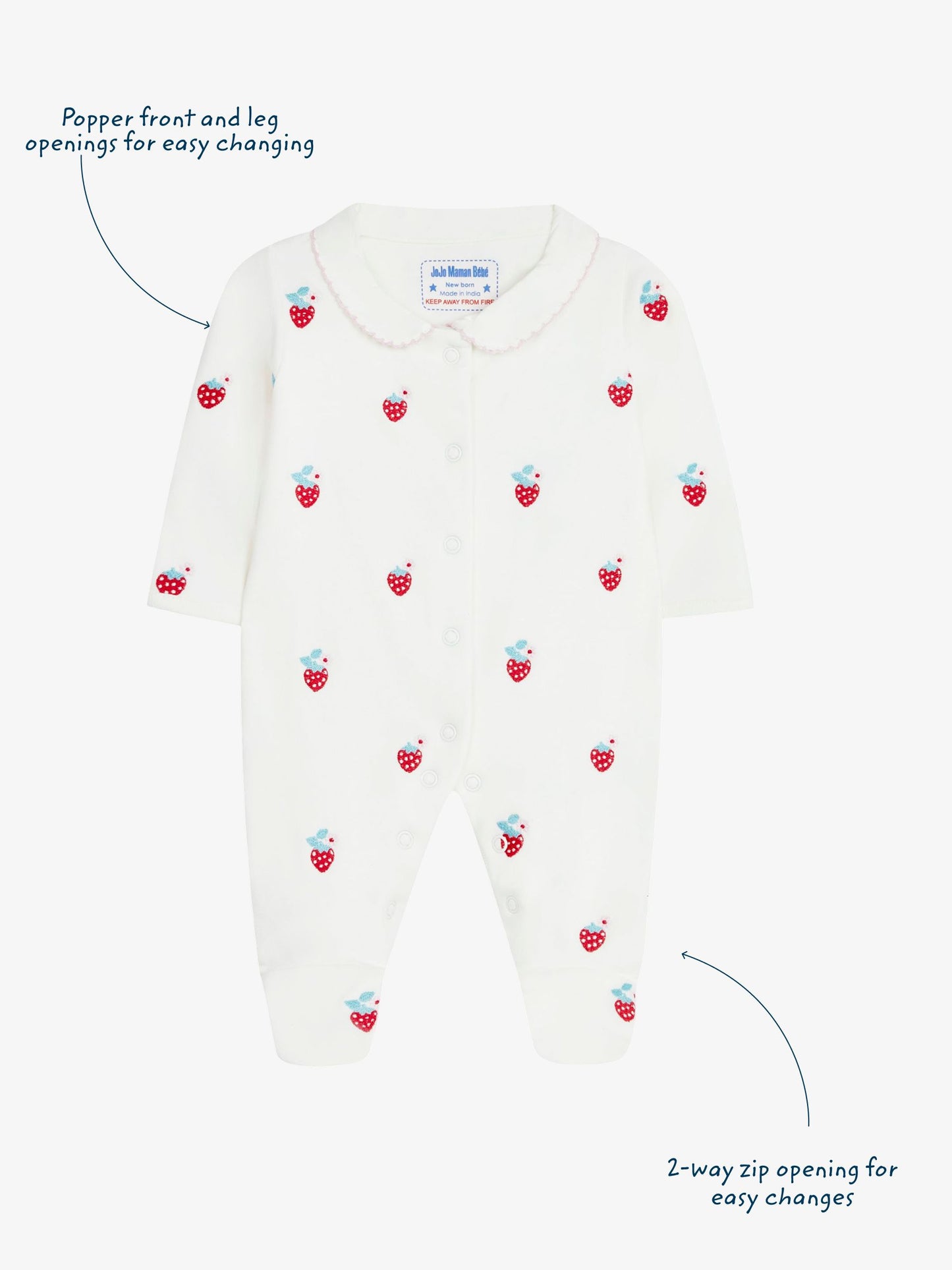 JoJo Maman Bébé Red Strawberry Embroidered Cotton Baby Sleepsuit image 2