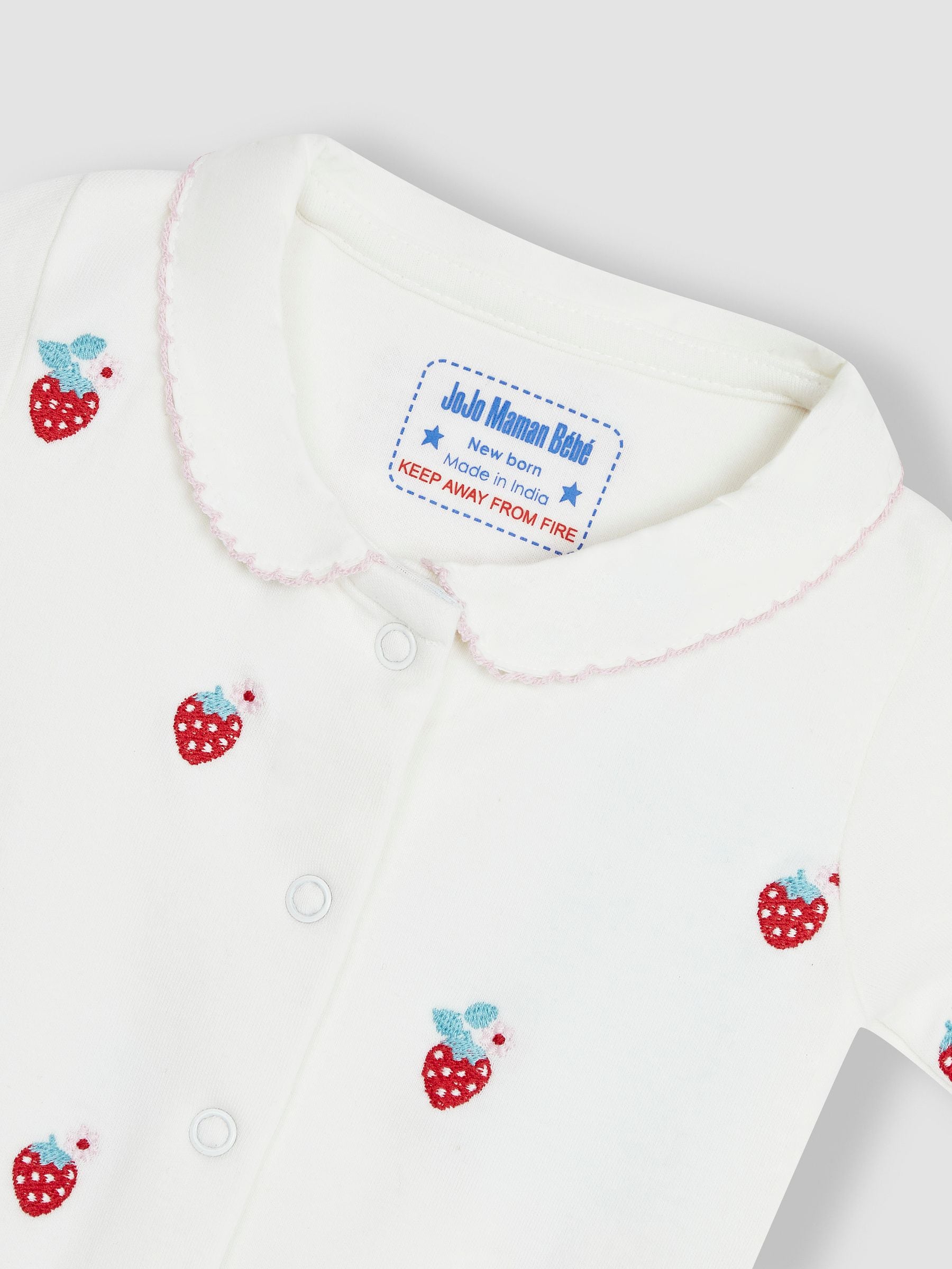 JoJo Maman Bébé Red Strawberry Embroidered Cotton Baby Sleepsuit image 5