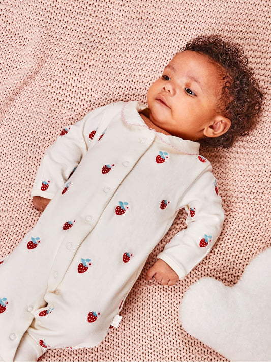 JoJo Maman Bébé Red Strawberry Embroidered Cotton Baby Sleepsuit image 1