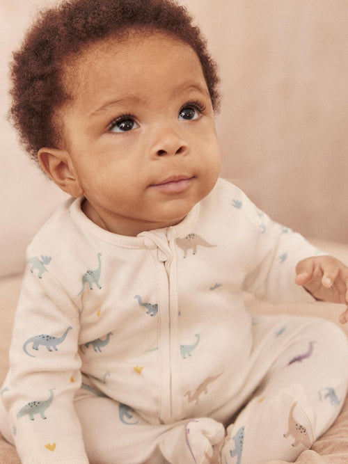 MORI Cream Dinosaur Print Supersoft 2 Way Zip-Up Sleepsuit image 1