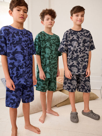 Blue/Grey/Green Camouflage Short Pyjamas 3 Pack (3-16yrs) image 1