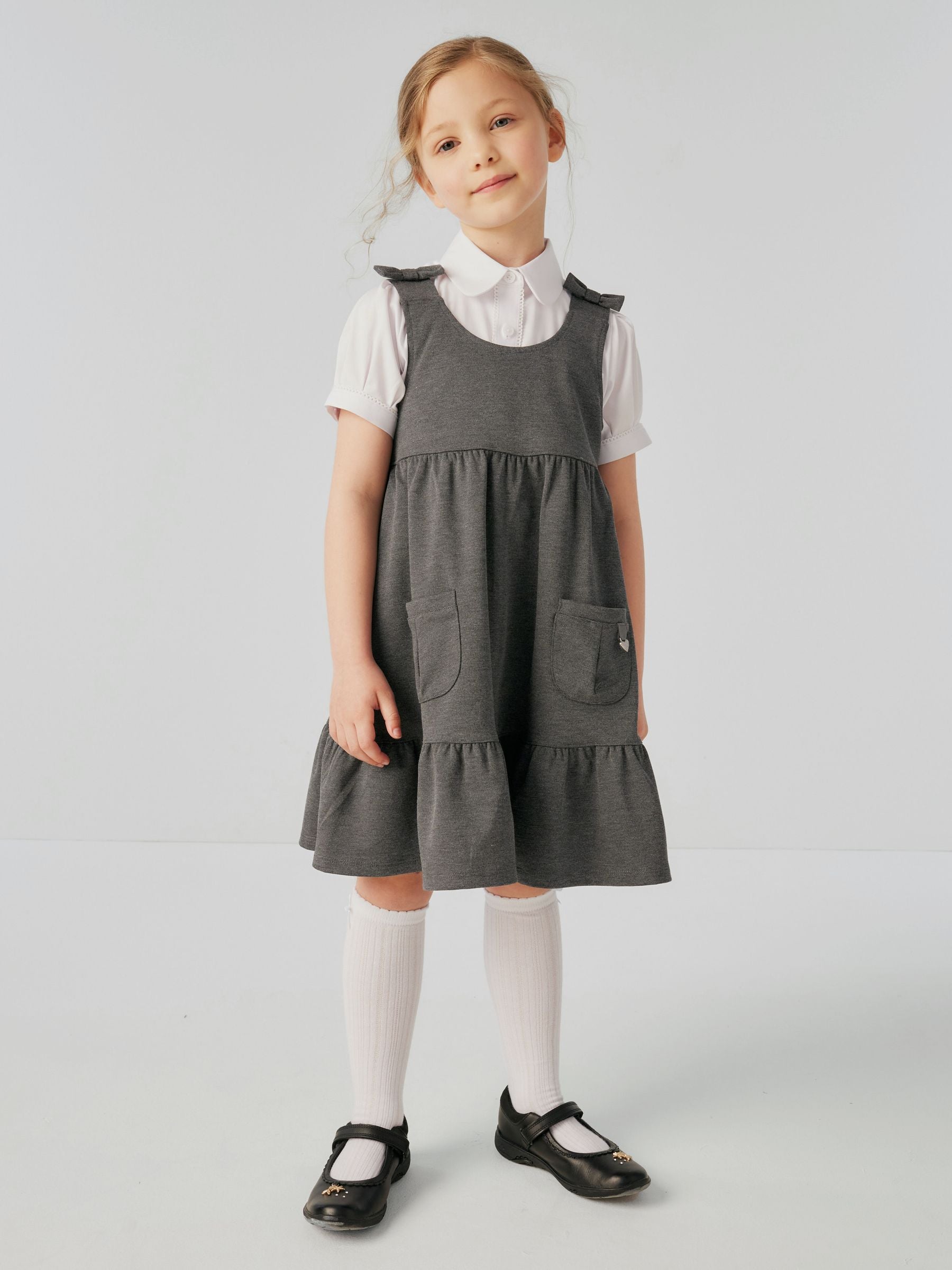 Clarks Grey Girls Frill Ponte School Pinafore Dress image 1