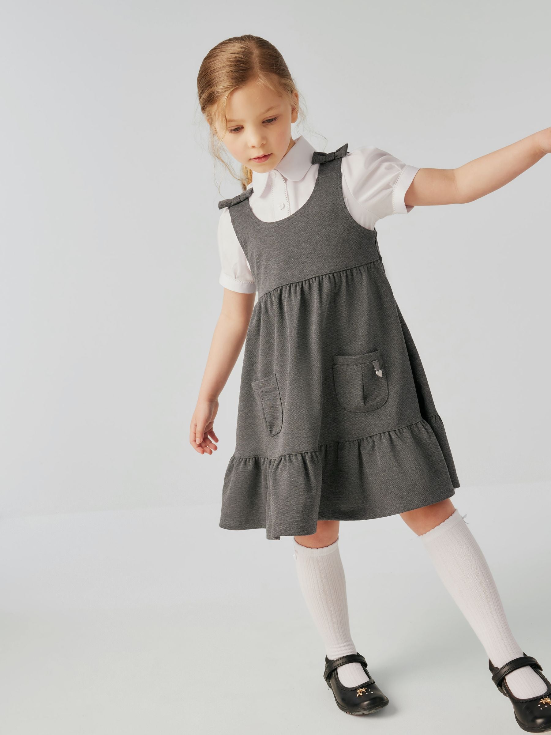 Clarks Grey Girls Frill Ponte School Pinafore Dress image 2