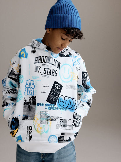 White/Blue Drippy Smile Graphic Hoodie (3-16yrs)