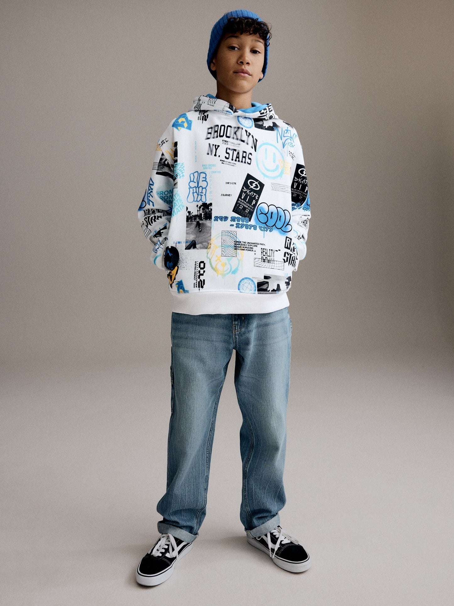 White/Blue Drippy Smile Graphic Hoodie (3-16yrs)