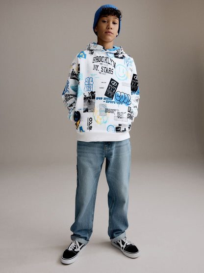 White/Blue Drippy Smile Graphic Hoodie (3-16yrs)