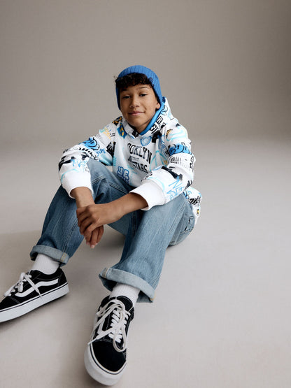 White/Blue Drippy Smile Graphic Hoodie (3-16yrs)