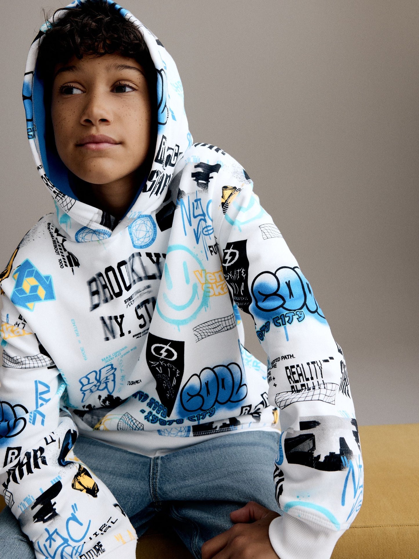 White/Blue Drippy Smile Graphic Hoodie (3-16yrs)