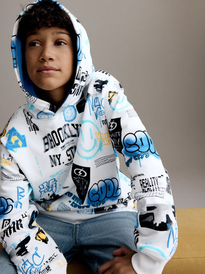 White/Blue Drippy Smile Graphic Hoodie (3-16yrs)