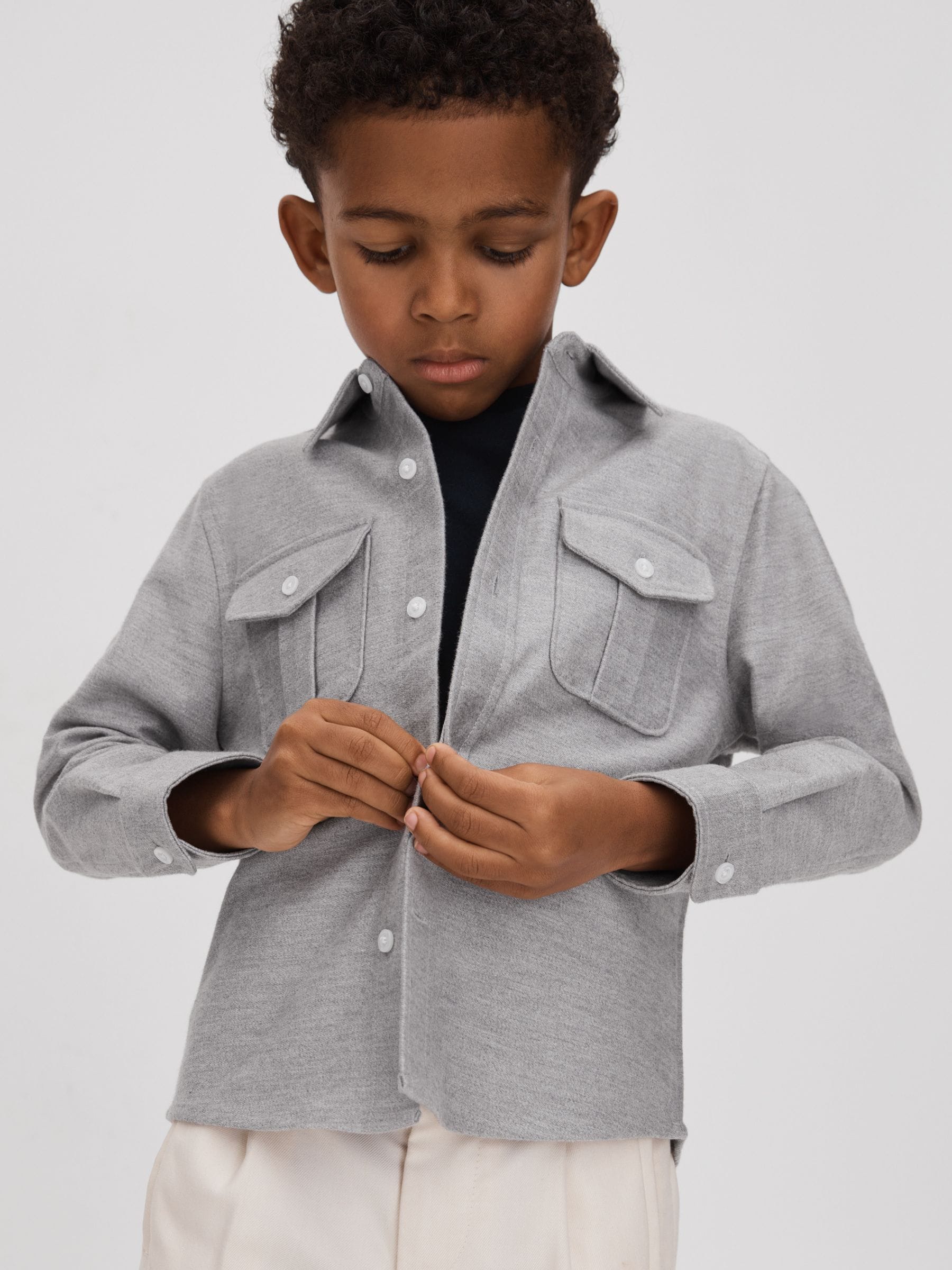 Dsiney Kidz - Reiss Soft Grey Thomas 3-9 yrs Brushed Cotton Patch Pocket Overshirt image 3