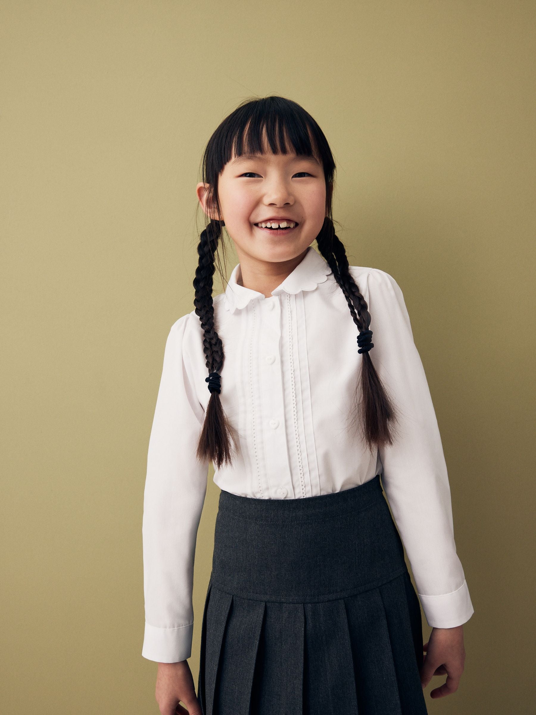 Dsiney Kidz - White Girls Long Sleeve Scalloped Lace Trim School Blouse (3-14yrs) image 1