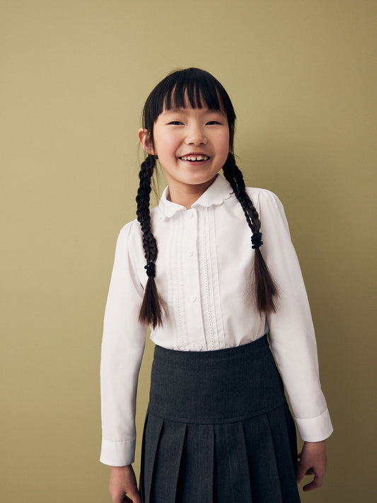 Dsiney Kidz - White Girls Long Sleeve Scalloped Lace Trim School Blouse (3-14yrs) image 1