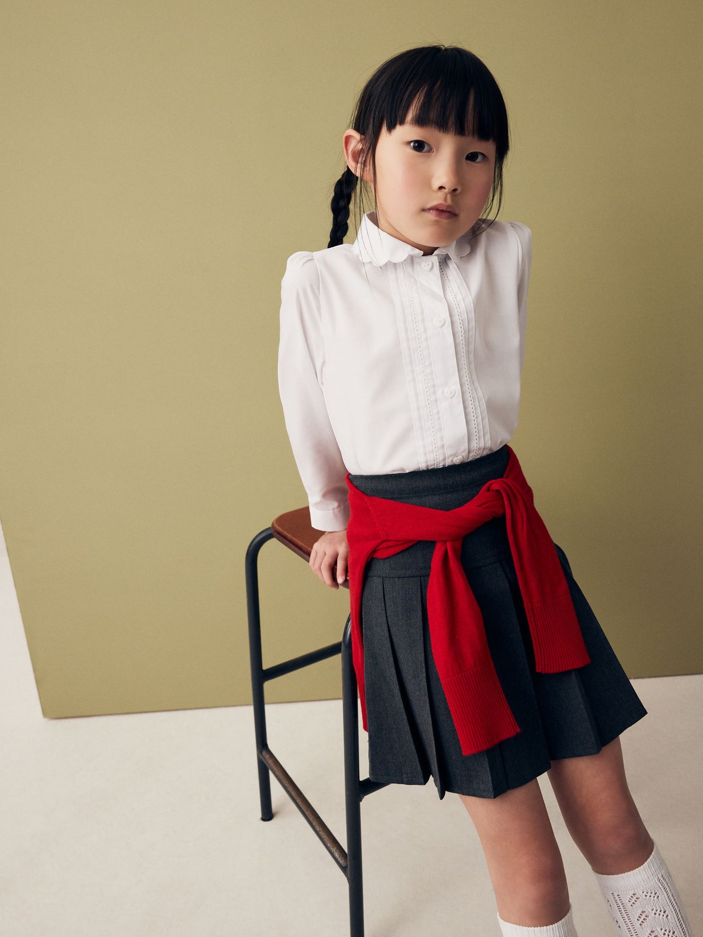 Dsiney Kidz - White Girls Long Sleeve Scalloped Lace Trim School Blouse (3-14yrs) image 2