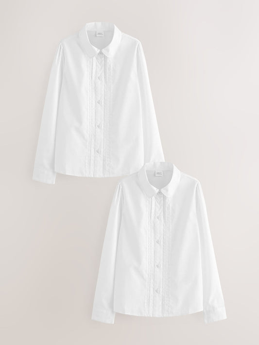 Dsiney Kidz - White Girls Long Sleeve Lace Trim School Blouses 2 Pack (3-14yrs) image 1