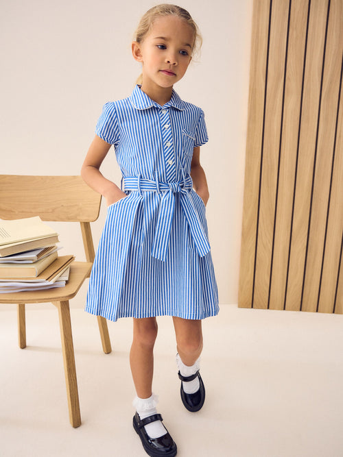 Dsiney Kidz - Blue Stripe Cotton Rich Belted School Dress with Scrunchie (3-14yrs) image 1