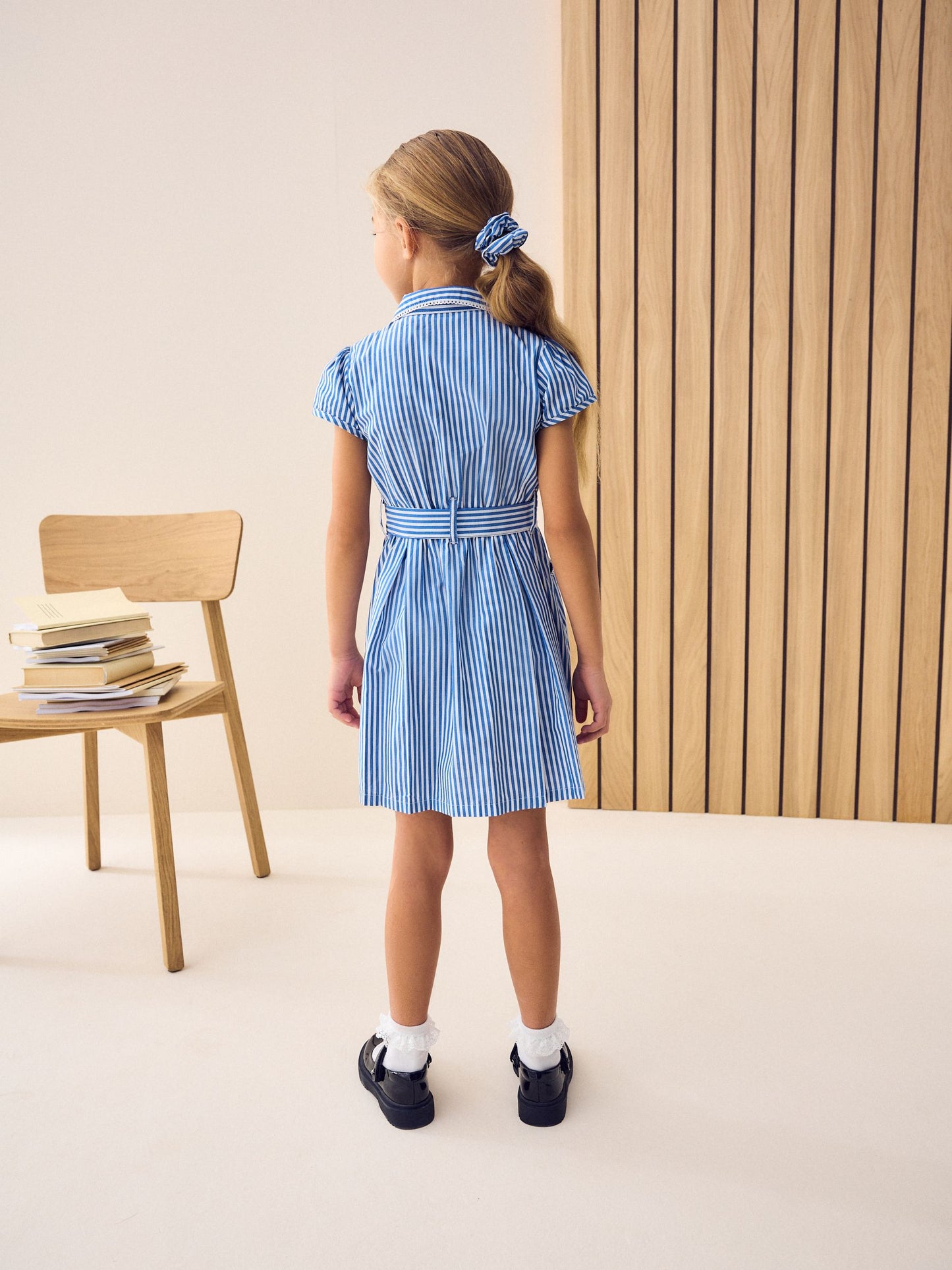 Blue Stripe Cotton Rich Belted School Dress with Scrunchie (3-14yrs) image 3