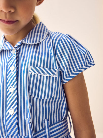 Blue Stripe Cotton Rich Belted School Dress with Scrunchie (3-14yrs) image 5