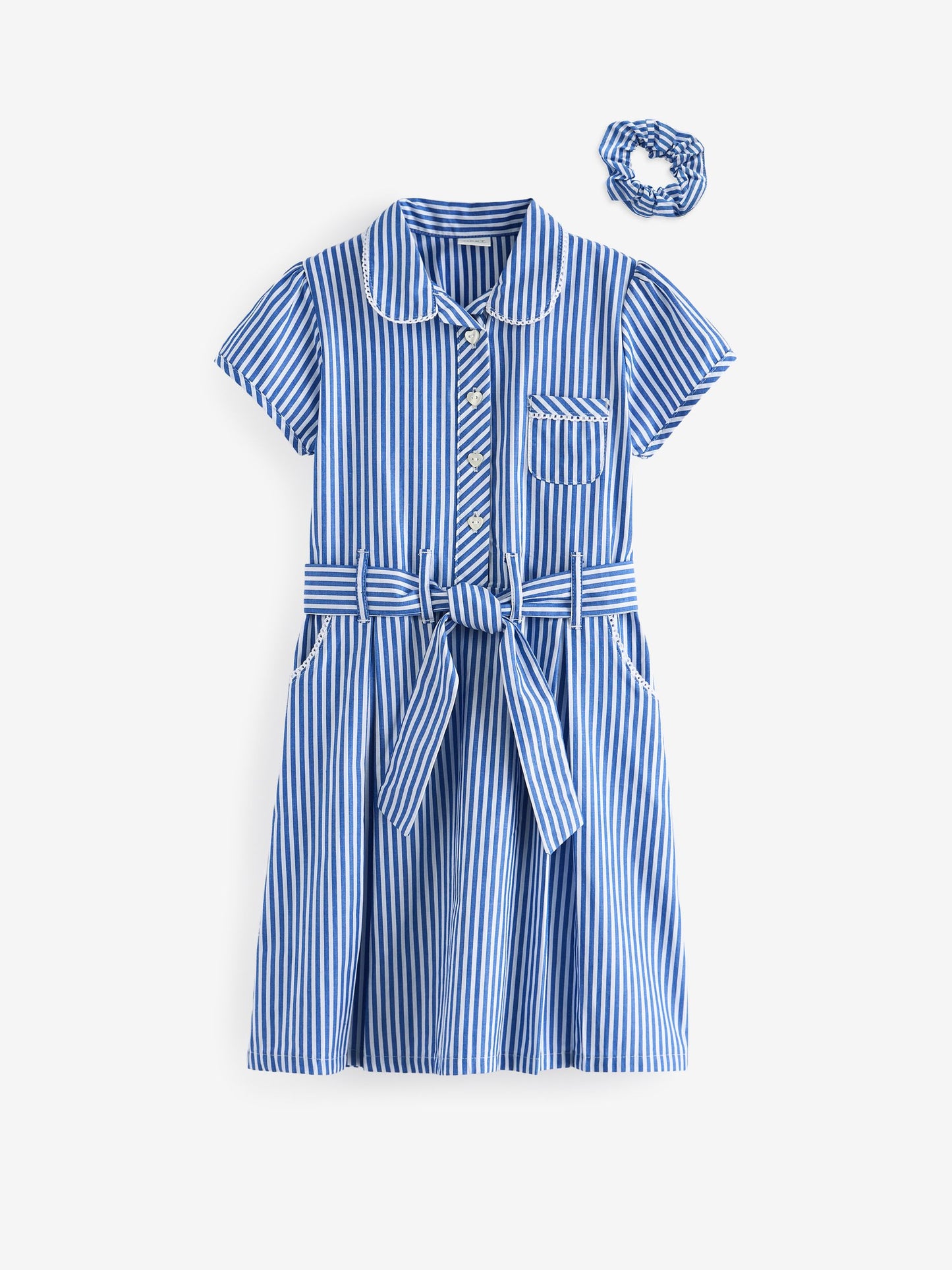 Blue Stripe Cotton Rich Belted School Dress with Scrunchie (3-14yrs) image 6