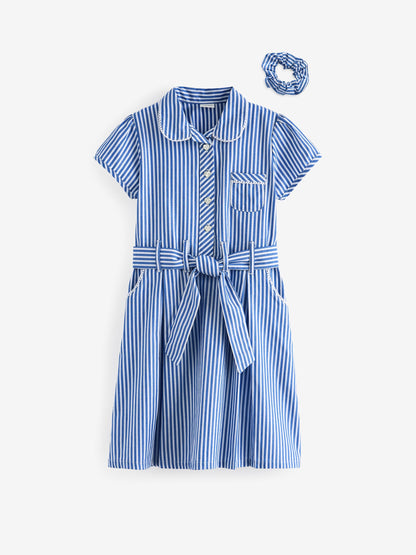 Blue Stripe Cotton Rich Belted School Dress with Scrunchie (3-14yrs) image 6