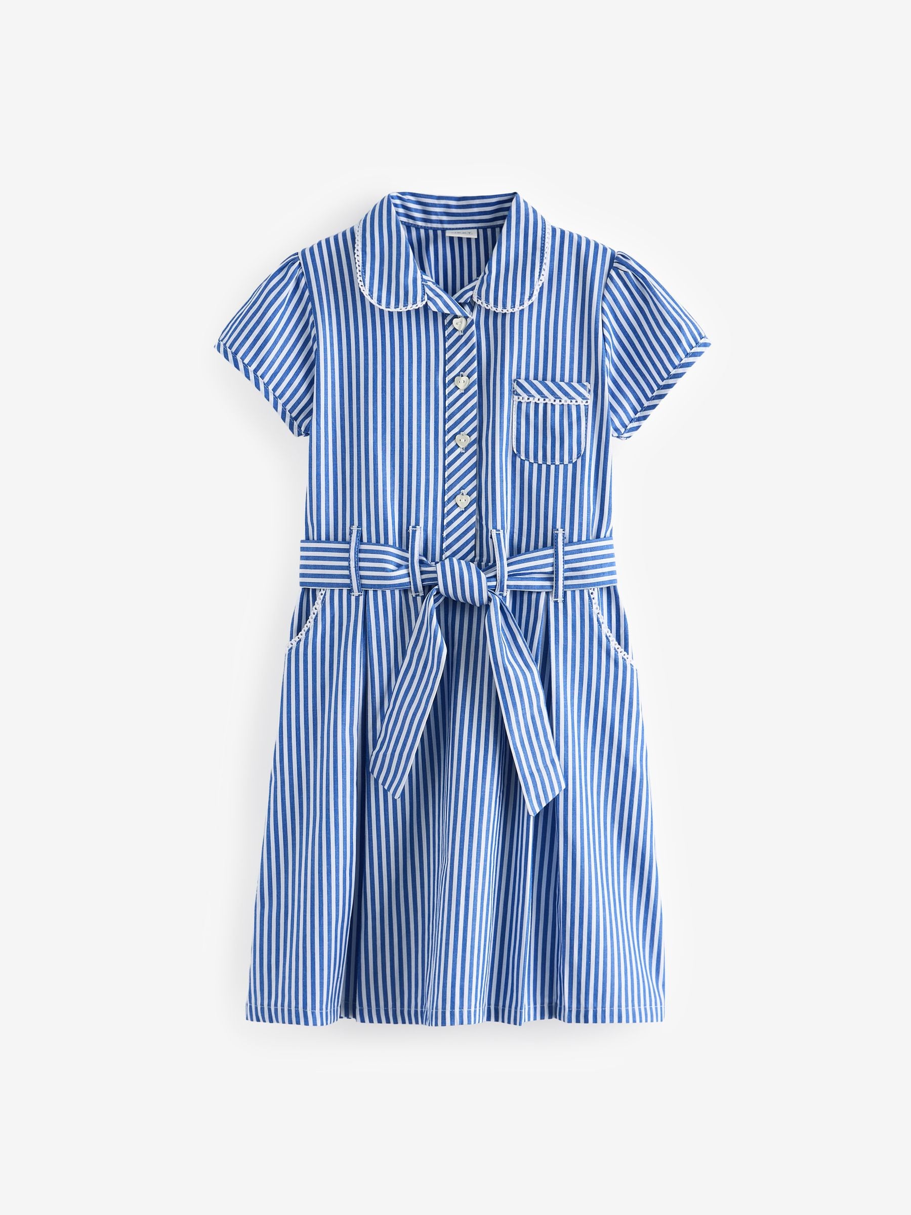 Blue Stripe Cotton Rich Belted School Dress with Scrunchie (3-14yrs) image 7