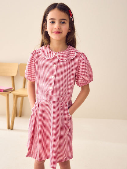 Red Cotton Rich Scalloped Collar Gingham School Dress (3-14yrs) image 1