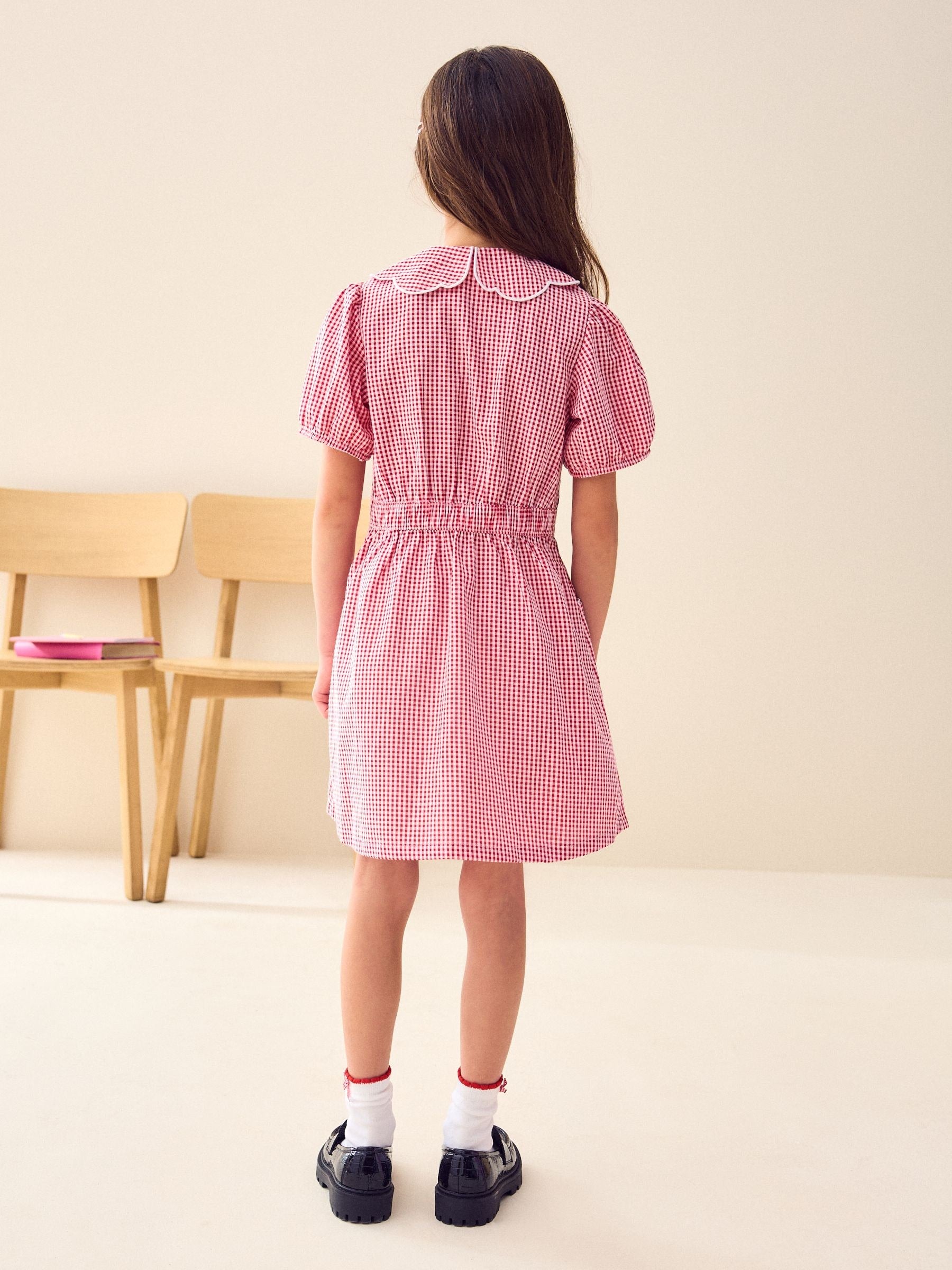 Red Cotton Rich Scalloped Collar Gingham School Dress (3-14yrs) image 4