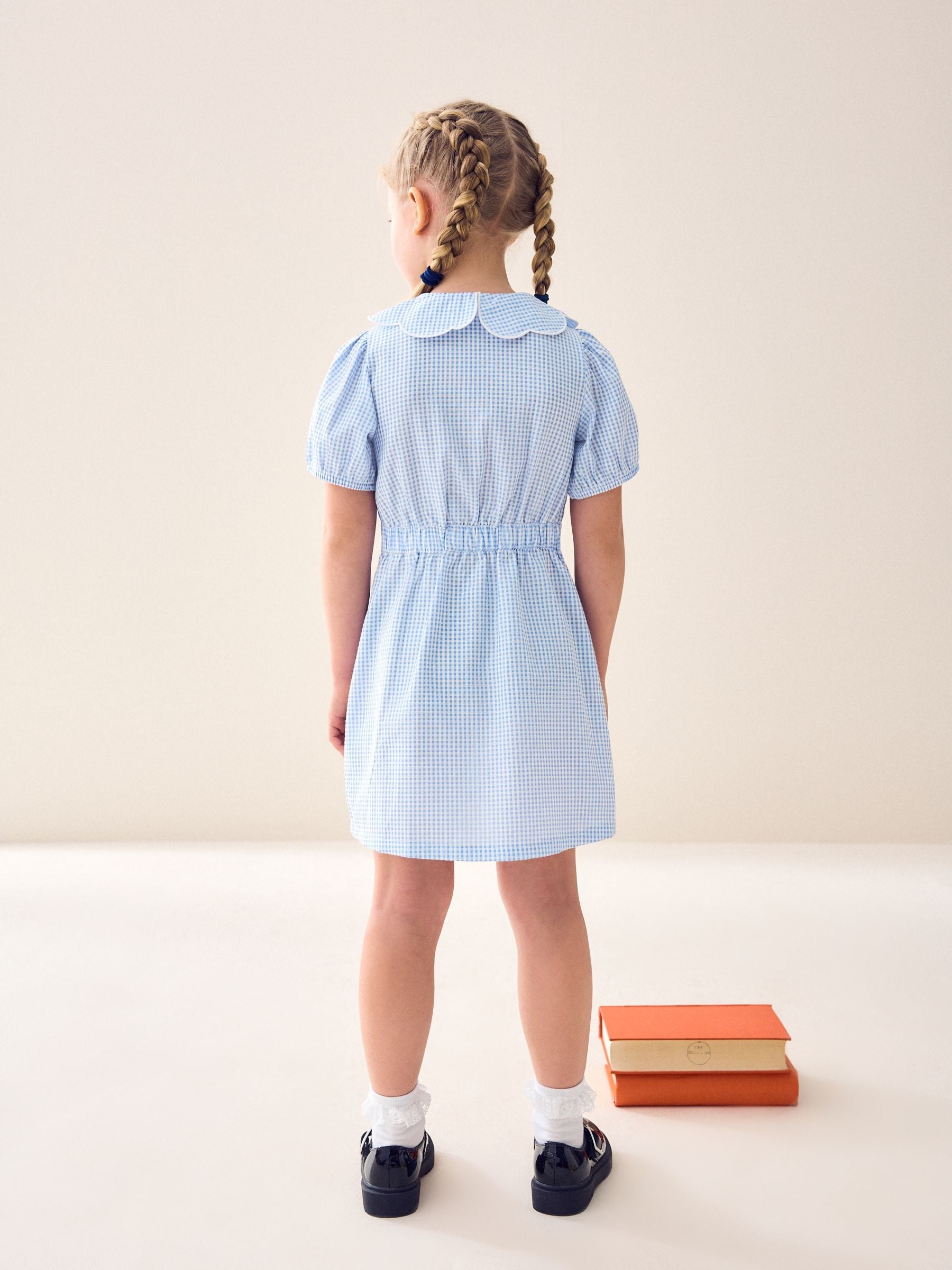 Blue Cotton Rich Scalloped Collar Gingham School Dress (3-14yrs) image 3