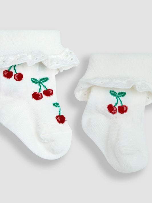 JoJo Maman Bébé Cream Cherry 2-Pack Frilly Socks image 2