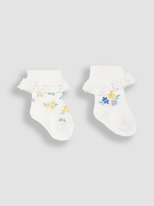 JoJo Maman Bébé White Floral 2-Pack Frilly Socks image 1