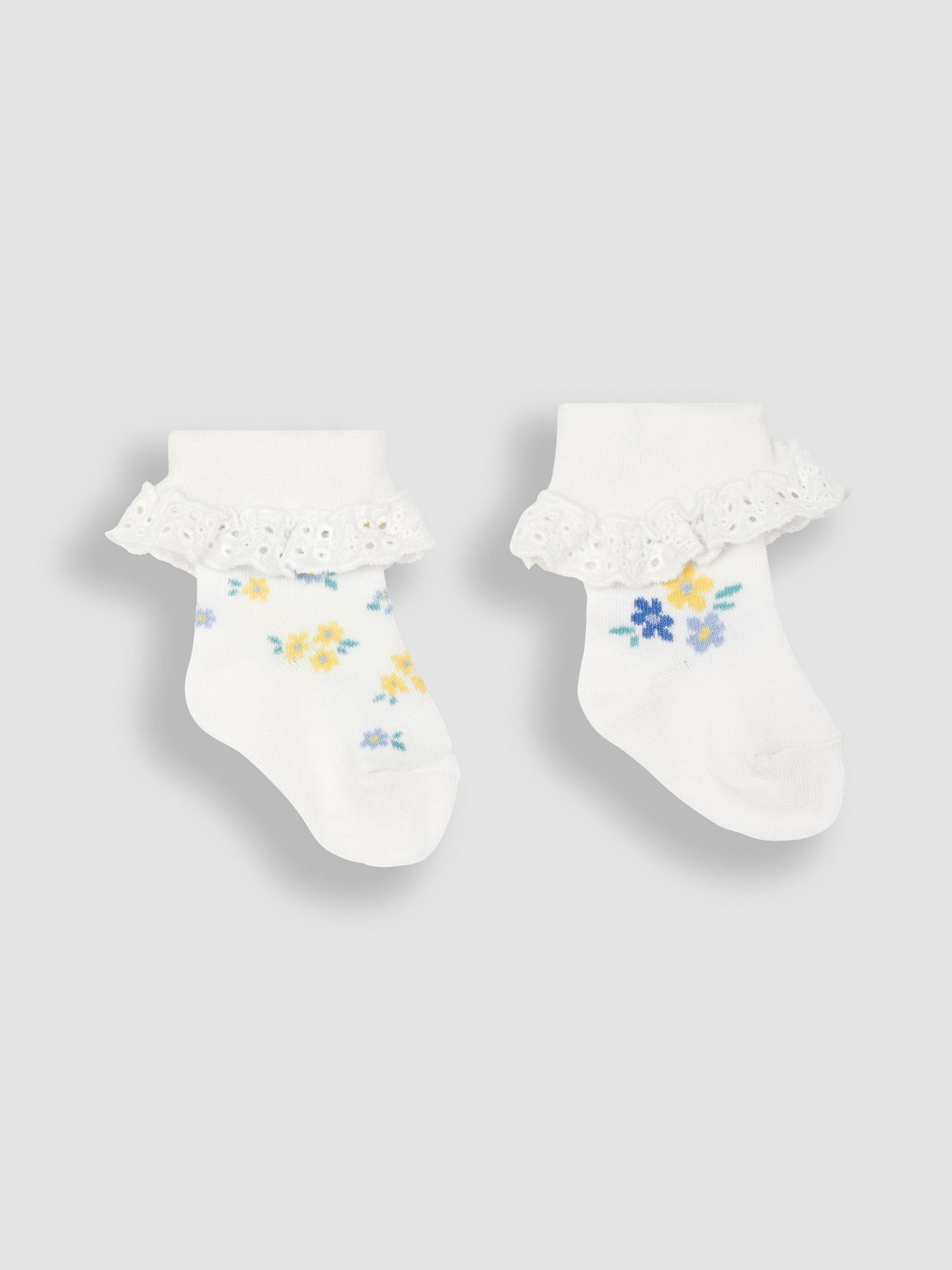 JoJo Maman Bébé White Floral 2-Pack Frilly Socks image 1