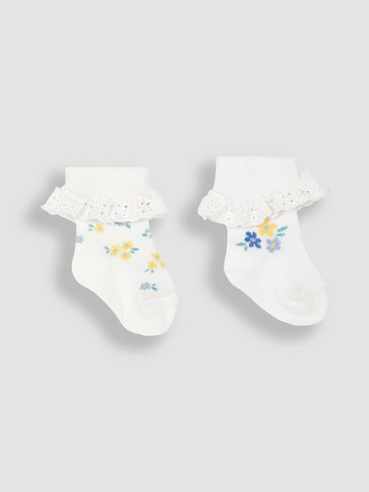 JoJo Maman Bébé White Floral 2-Pack Frilly Socks image 1
