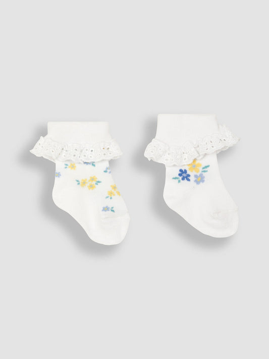 JoJo Maman Bébé White Floral 2-Pack Frilly Socks image 1
