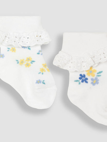 JoJo Maman Bébé White Floral 2-Pack Frilly Socks image 2