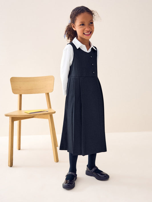 Dsiney Kidz - Navy Blue Asymmetric Button Front Long Pinafore School Dress (3-14yrs) image 1