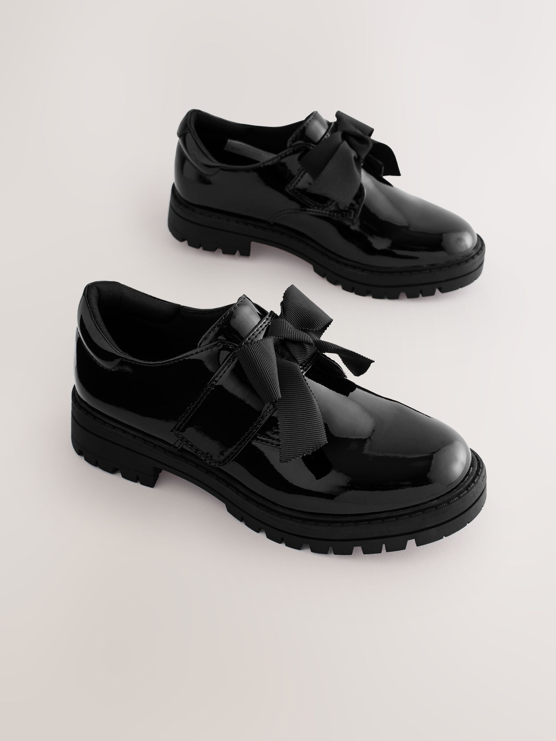 Black Patent Standard Fit (F) Bow Monkstrap Chunky School Shoes image 1