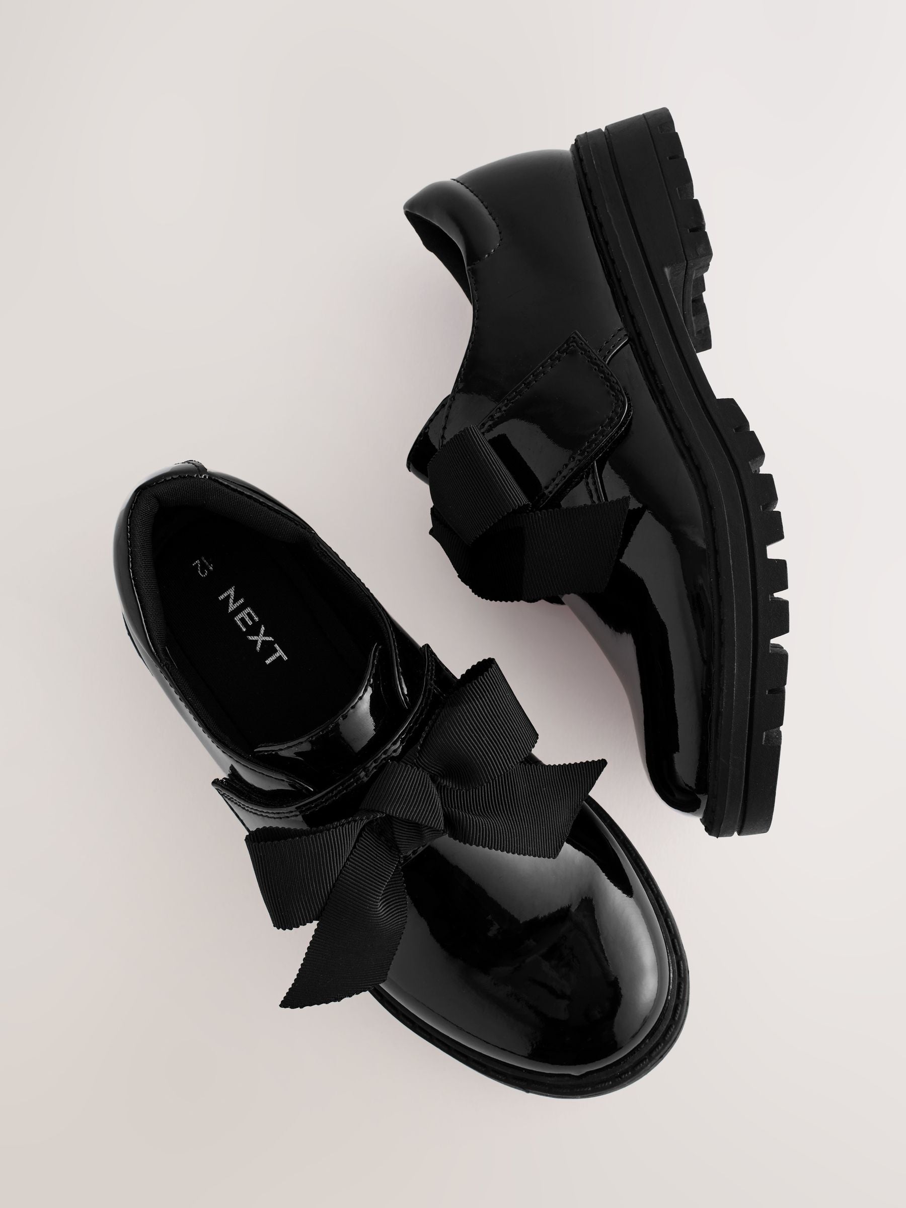 Black Patent Standard Fit (F) Bow Monkstrap Chunky School Shoes image 6