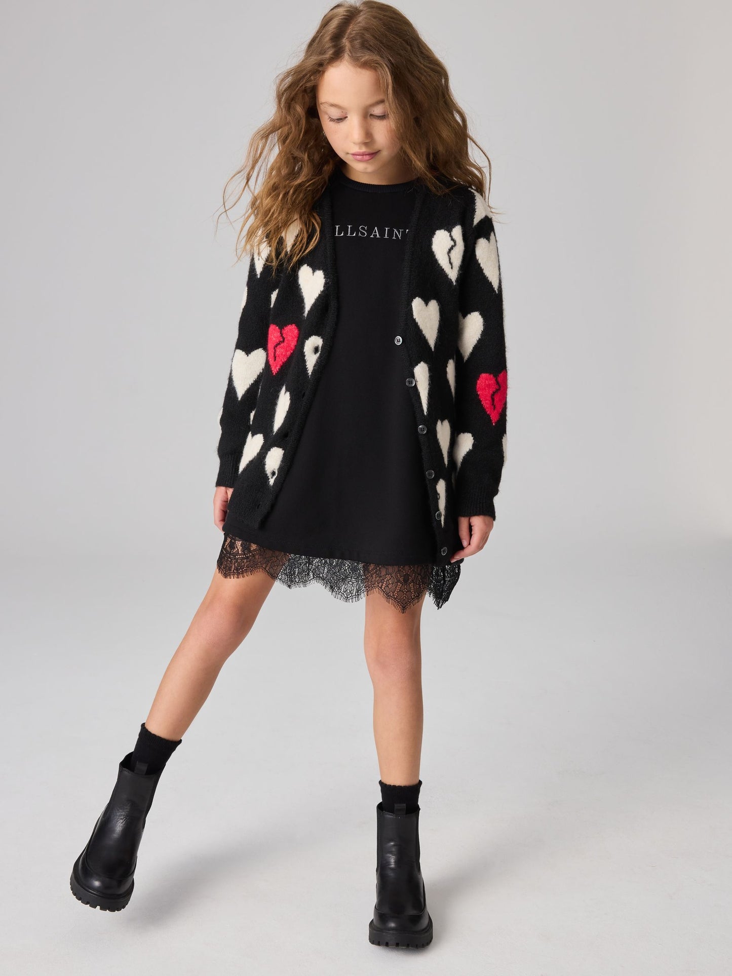 Dsiney Kidz - smALLSAINTS Black Amore Heart Girls Long Knitted Cardigan image 3