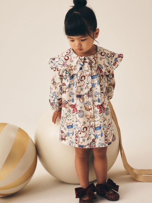 Dsiney Kidz - Cream Christmas Santa Bear Long Sleeve Collar Dress (3mths-7yrs) image 1