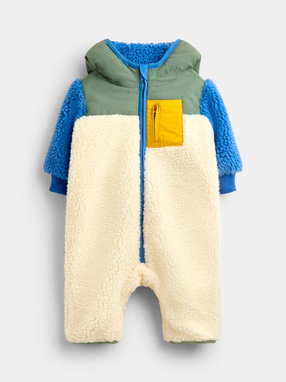 JoJo Maman Bébé Green Blue & Cream Colour Block All-In-One Borg Fleece - image 1