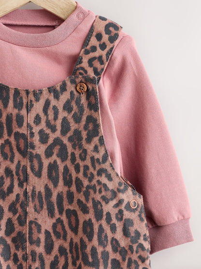 Tan Brown Leopard Print Long Sleeve Baby Bodysuit & Dungarees Set (0mths-2yrs)