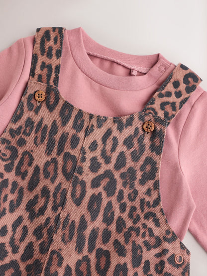 Tan Brown Leopard Print Long Sleeve Baby Bodysuit & Dungarees Set (0mths-2yrs)